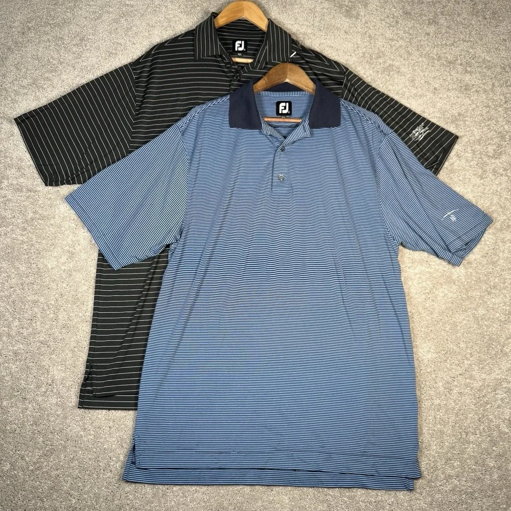 FootJoy Golf Polo Men's Large Striped Performance Shirts‎ Black & Blue Logos